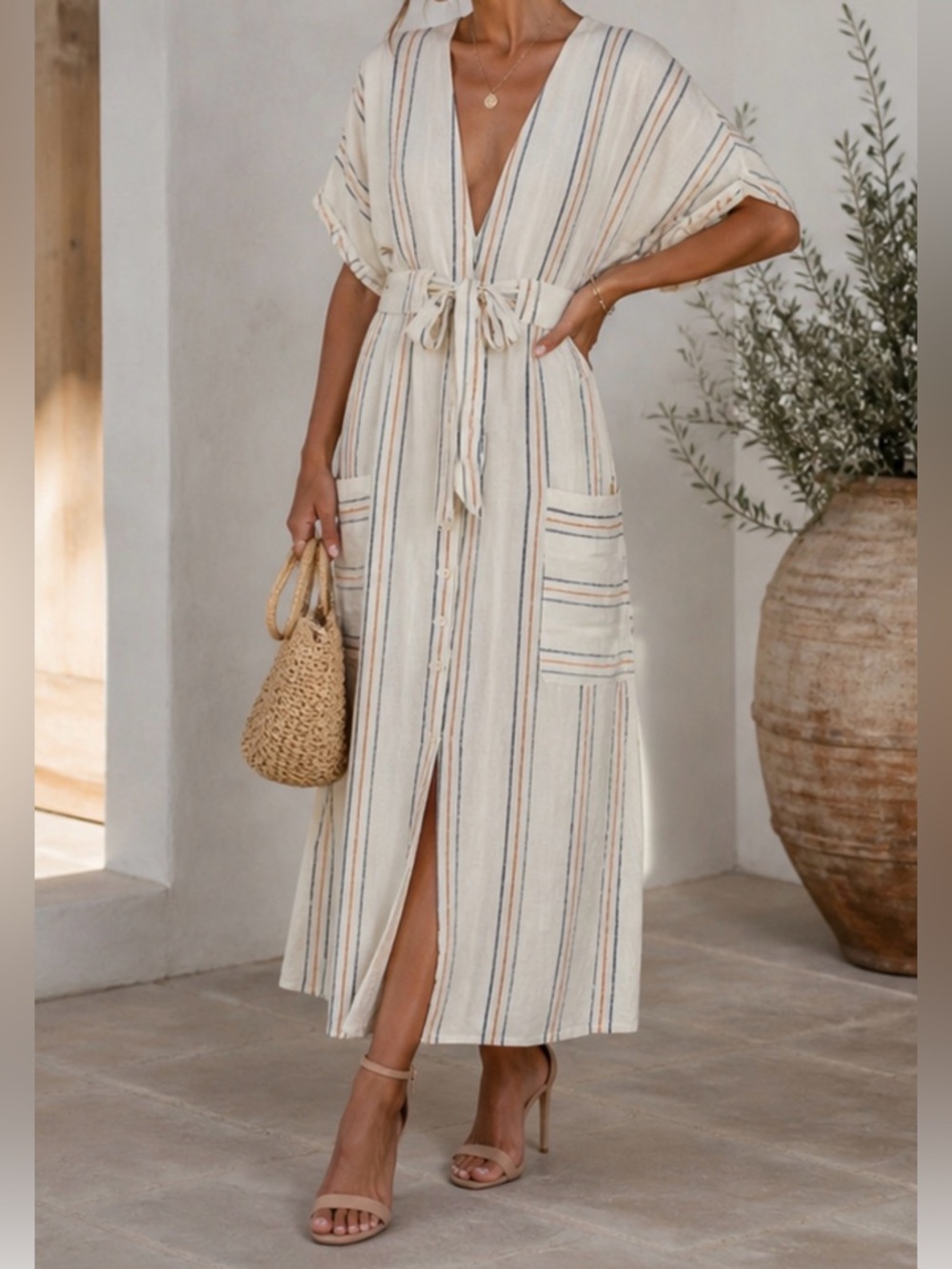 HAPPY NATURE Striped Cream Asymmetrical Tie-Waist Midi Dress 10